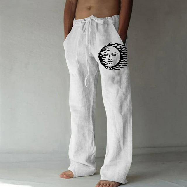 Pantalones largos de verano para hombre, de algodón y lino, con pierna ancha, estampados, con cordones, para deportes y vacaciones
