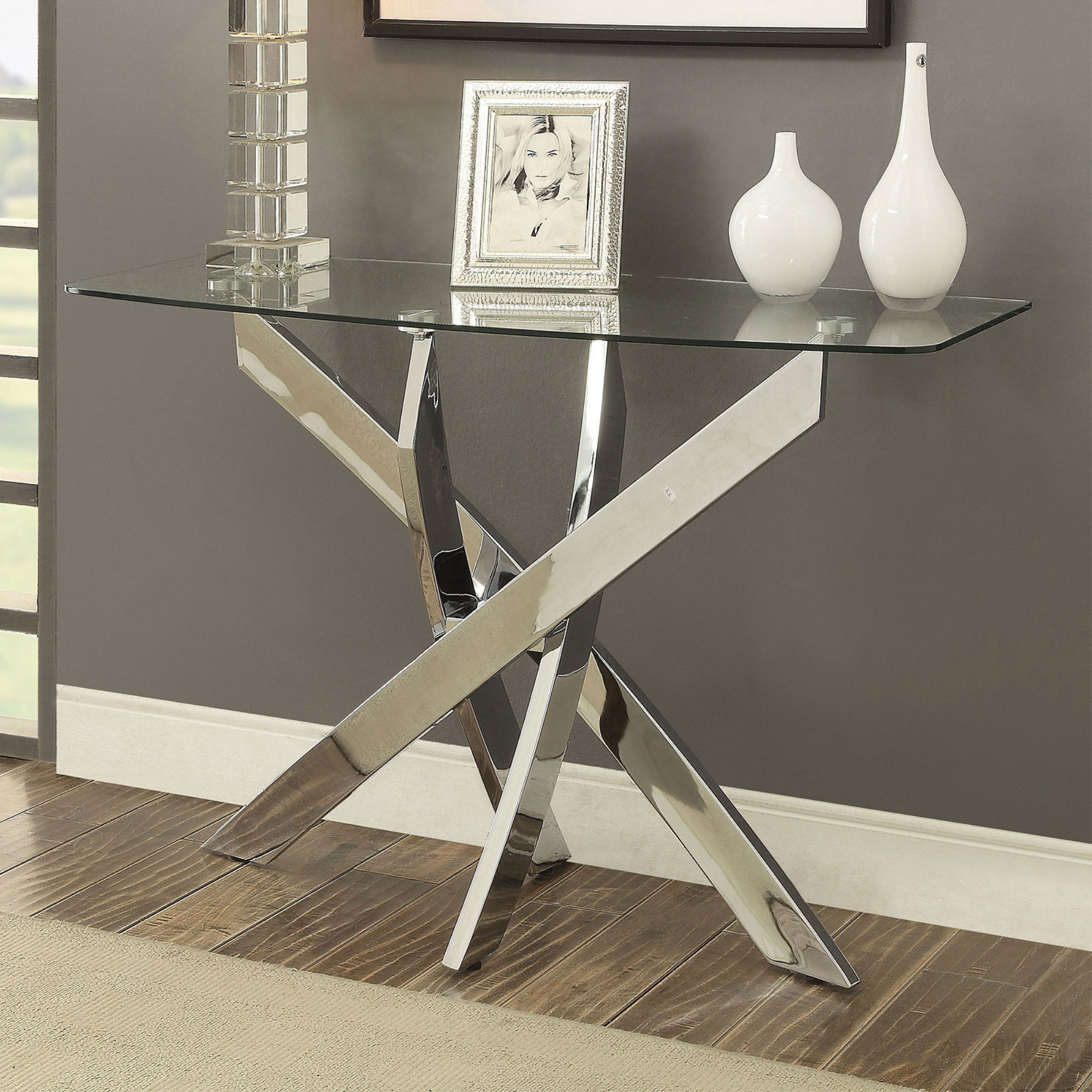Rectangular Glass Top Sofa Table with Criss Cross Base, Silver and Clear