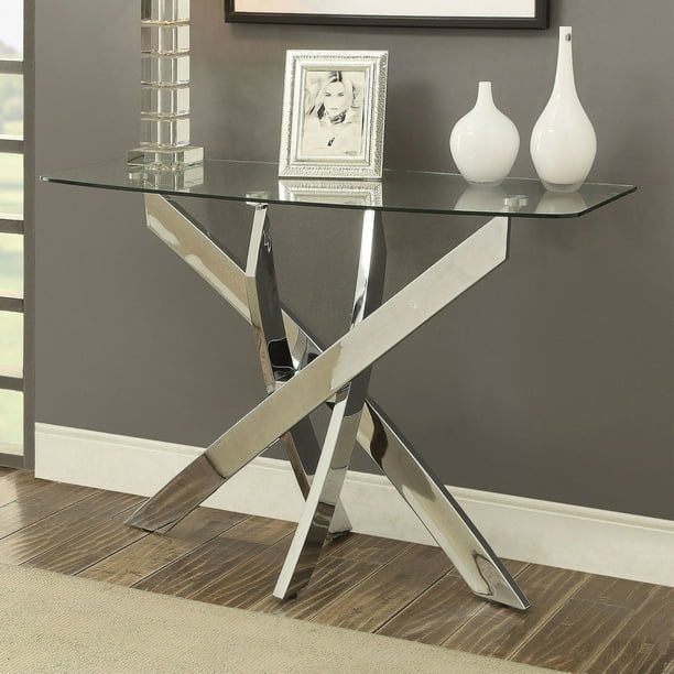 Rectangular Glass Top Sofa Table with Criss Cross Base, Silver and Clear