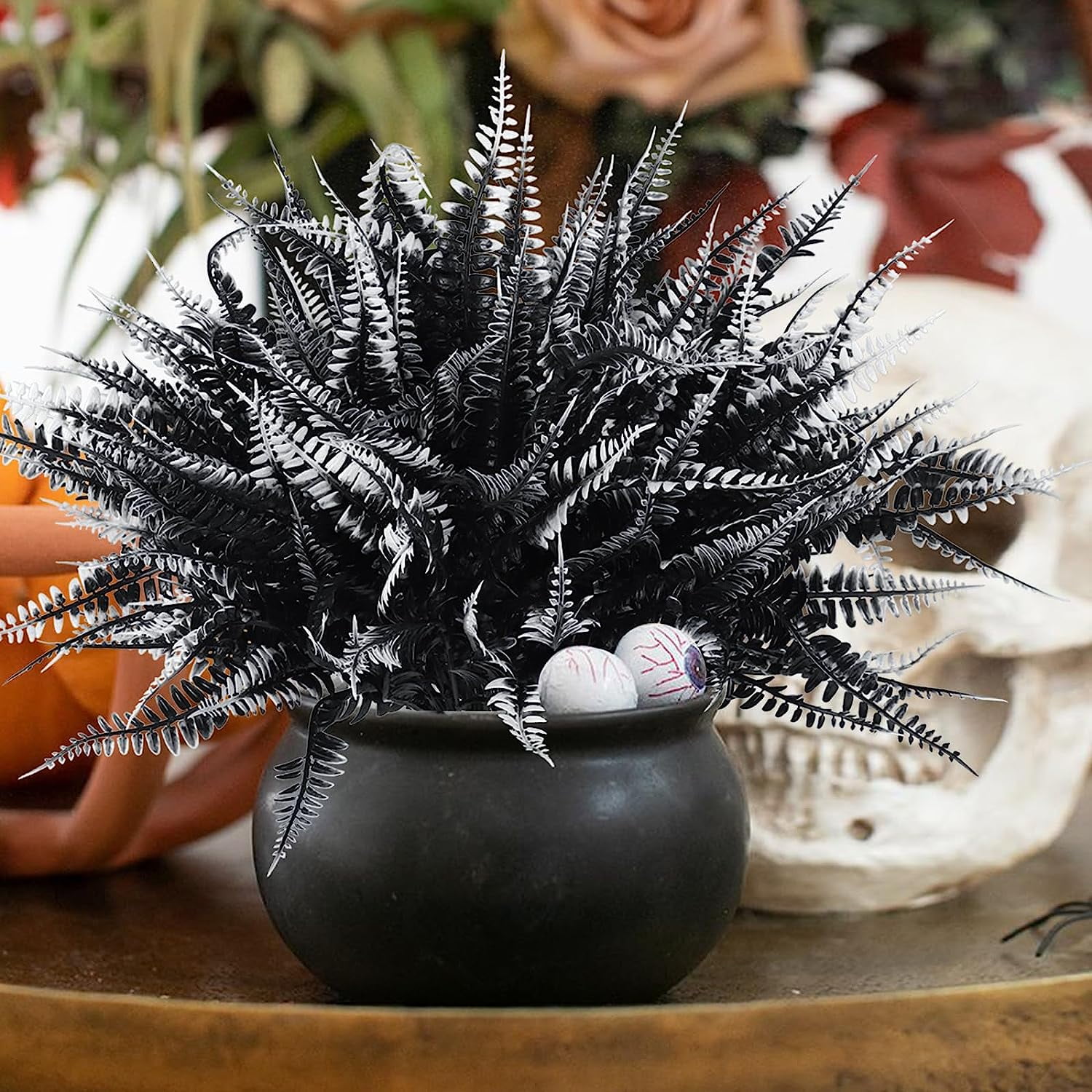 4PCS Artificial Boston Fern Fall Plant Fake Bushes Shrubs Outdoor Greenery UV Resistant Plants Faux Plastic Plants for Home Garden Indoor Fall Thanksgiving Autumn Decor (Black White)