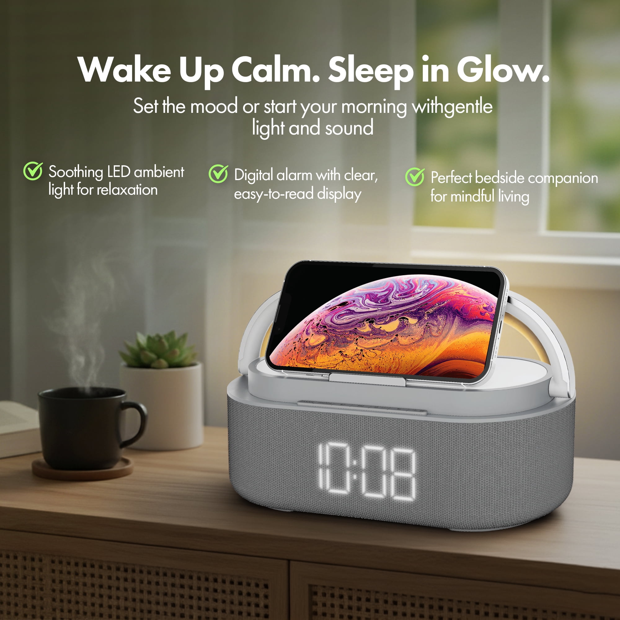 MVMT Harmonic 6-in-1 Portable Bluetooth Speaker with 15W Wireless Charging, Ambient Light, Alarm Clock, FM Radio & Phone Holder