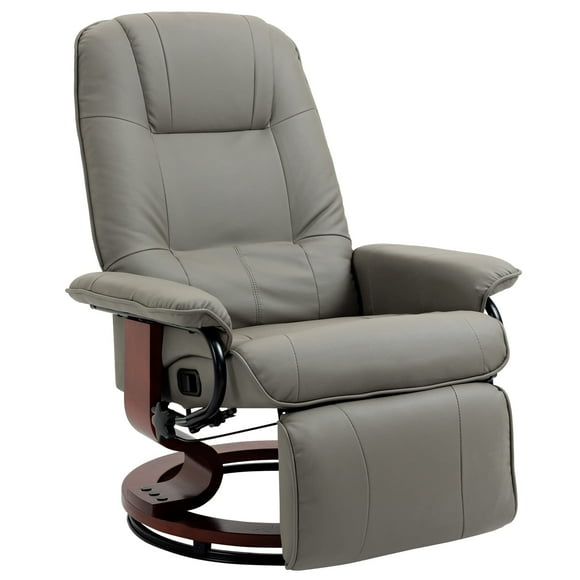 HOMCOM Faux Leather Manual Recliner, Adjustable Swivel Lounge Chair with Footrest, Armrest and Wrapped Wood Base for Living Room, Grey
