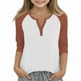 thumbnail image 1 of Cowsor Girl's Casual 3/4 Sleeve T Shirts Button V Neck Tunic Blouses Color Block Basic Tee Tops Loose Fit Summer Shirt, 1 of 6