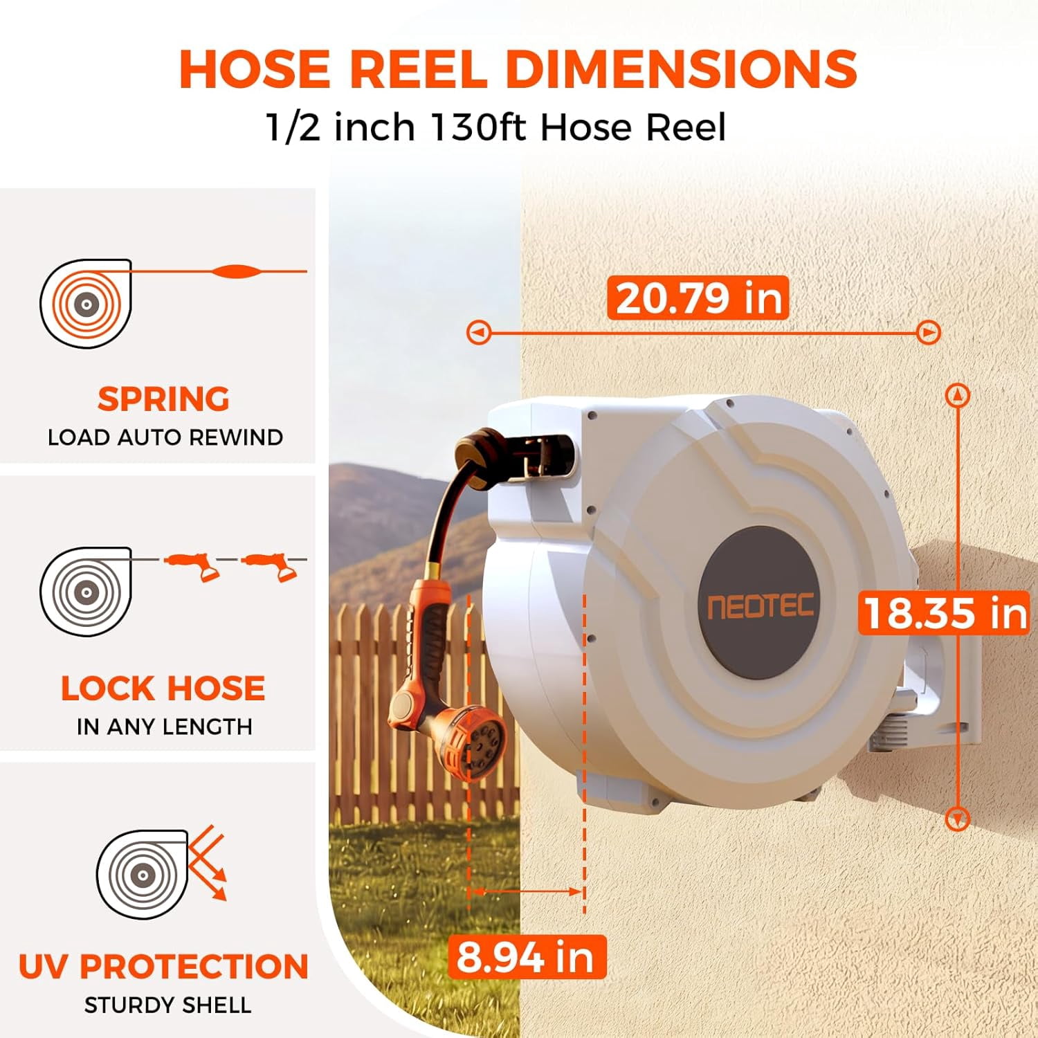 130 ft x 1/2 inch White Retractable Garden Hose Reel,Wall Mounted Automatic Slow Return Hose Reel with Any Length Lock,9 Pattern Spray Nozzle,180°Swivel Bracket,Outdoor Hose Reel for Yard Watering