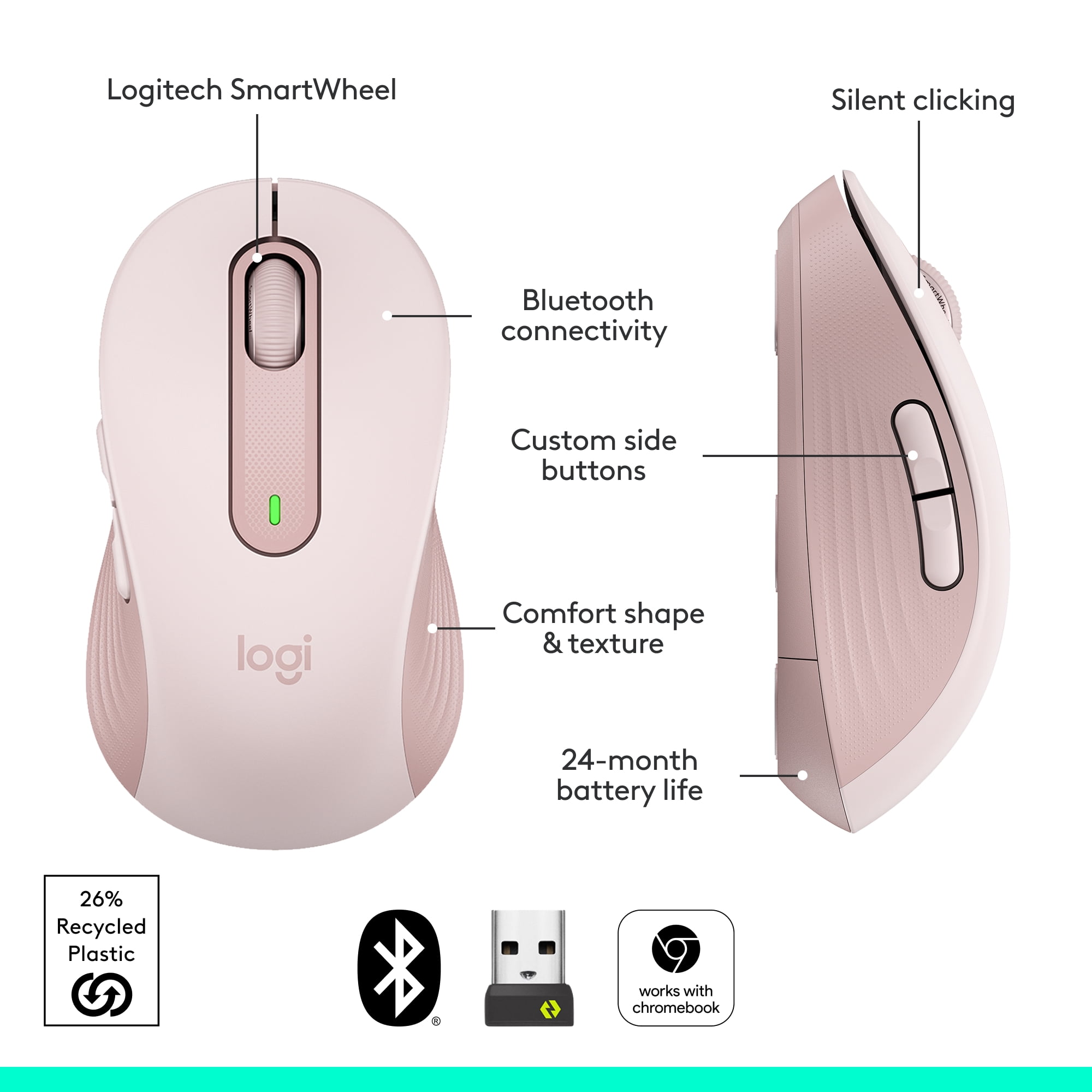 Logitech Signature M650 Wireless Mouse - for Small to Medium Sized Hands, 2-Year Battery, Silent Clicks, Customizable Side Buttons, Bluetooth, Rose
