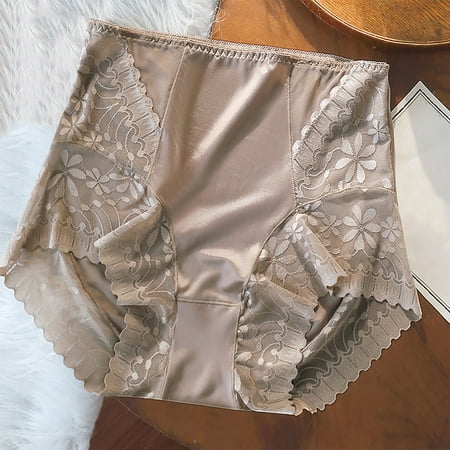 Somuwie Clearance Ladies  Mid High Waisted Lace Sexy Hip Lifting And Abdominal Tightening Ice Silk Satin Seamless Lightweight And Breathable Sports Underwear For Ladies