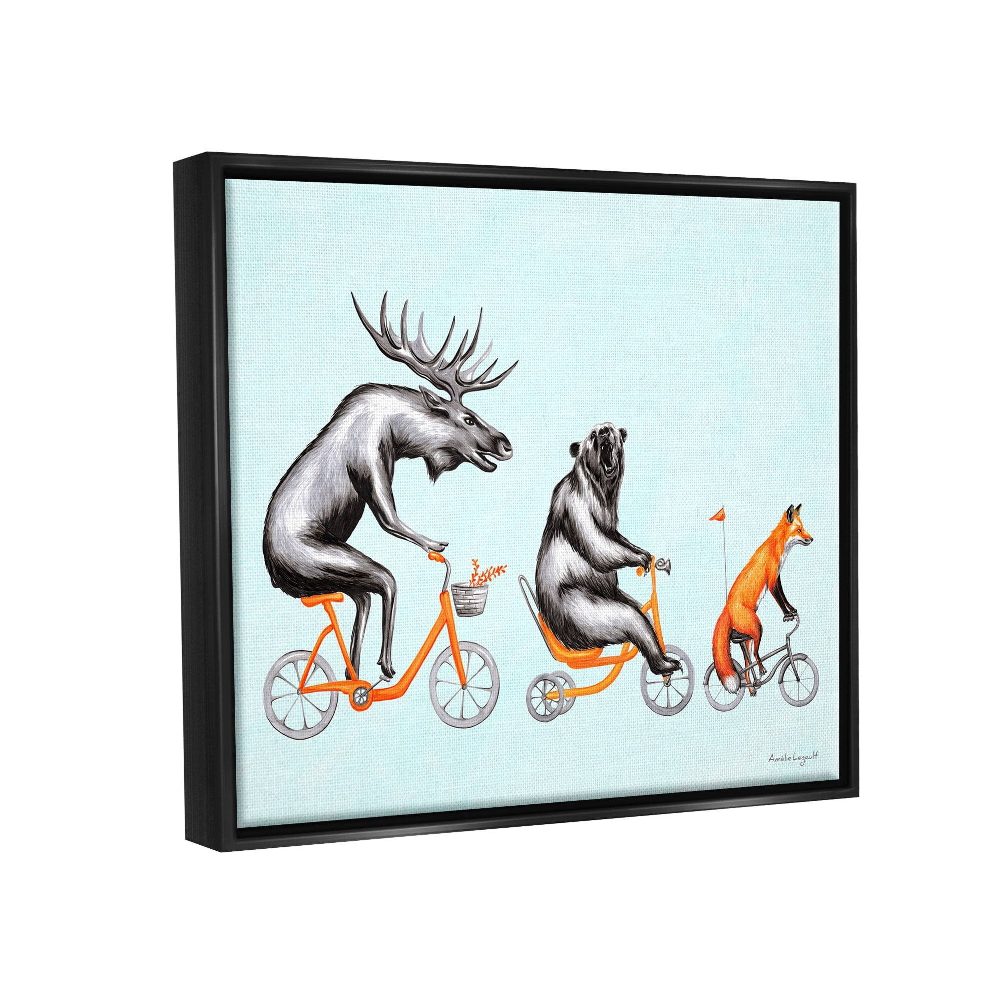 Stupell Industries Wildlife Animals Riding Bikes Moose Bear Fox Graphic Art Jet Black Floating Framed Canvas Print Wall Art, Design by Amelie Legault