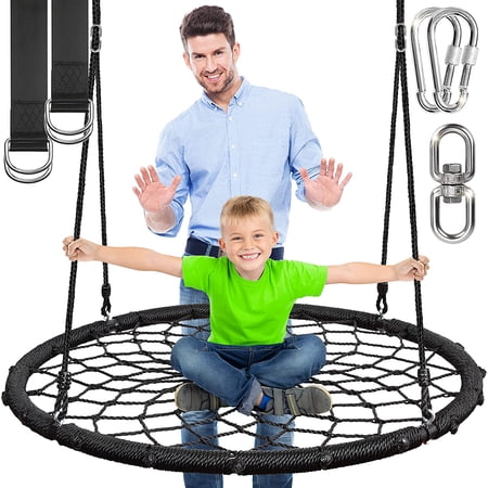 Spider Web Tree Swing with Hang Kit and Center Spinner 40” 600 lbs Kids Outdoor Backyard Tree Playhouse Playground Saucer Swing Set Accessories Platform Glider Mat Swinging Swingset Black