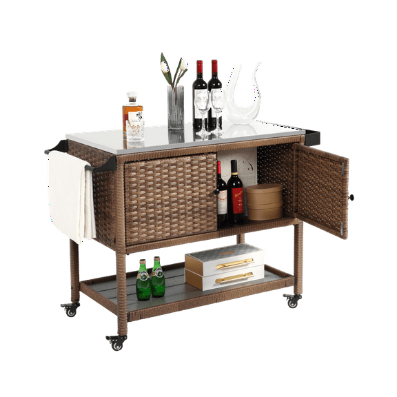 IVV Outdoor Bar Cart on Wheels, Patio Wicker Serving Cart w/ Stainless Steel Top & Open Shelf & Side Basket, Rolling Storage Cabinet Beverage Table for Backyard, Poolside, Garden (Brown)