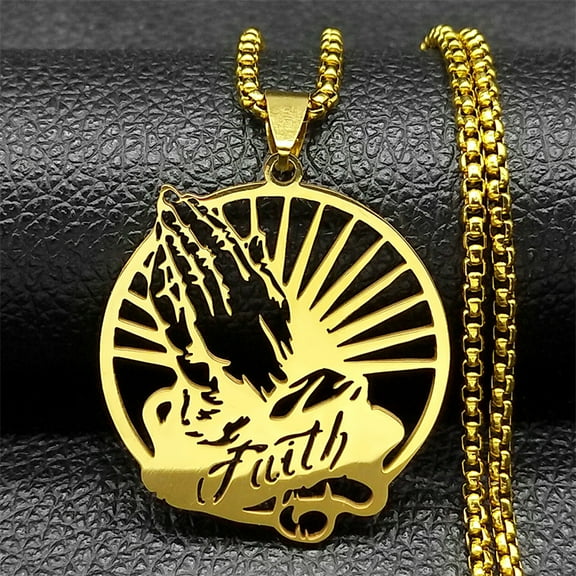 Christian Faith Praying Hands 14K Yellow Gold Pendant Necklace For Women Men Golden Silver Color Chain Hollow Jewelry Gifts