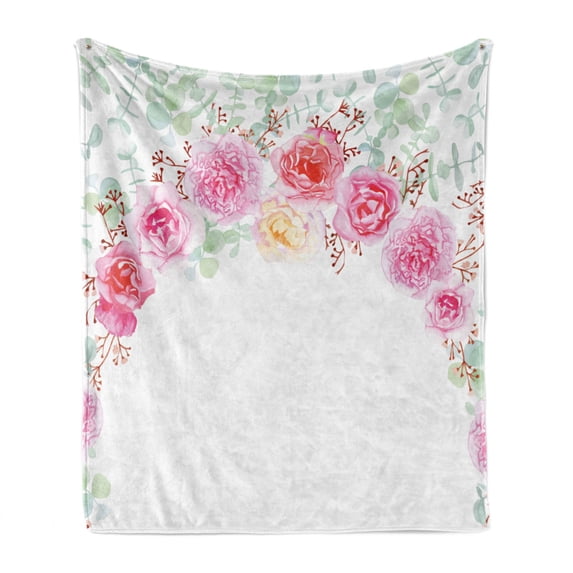 Shabby Flora Soft Flannel Fleece Blanket, Floral Wreath in Half Blossoming Romantic Bridal Roses Peonies Feminine Design, Cozy Plush for Indoor and Outdoor Use, 50" x 70", Multicolor, by Ambesonne