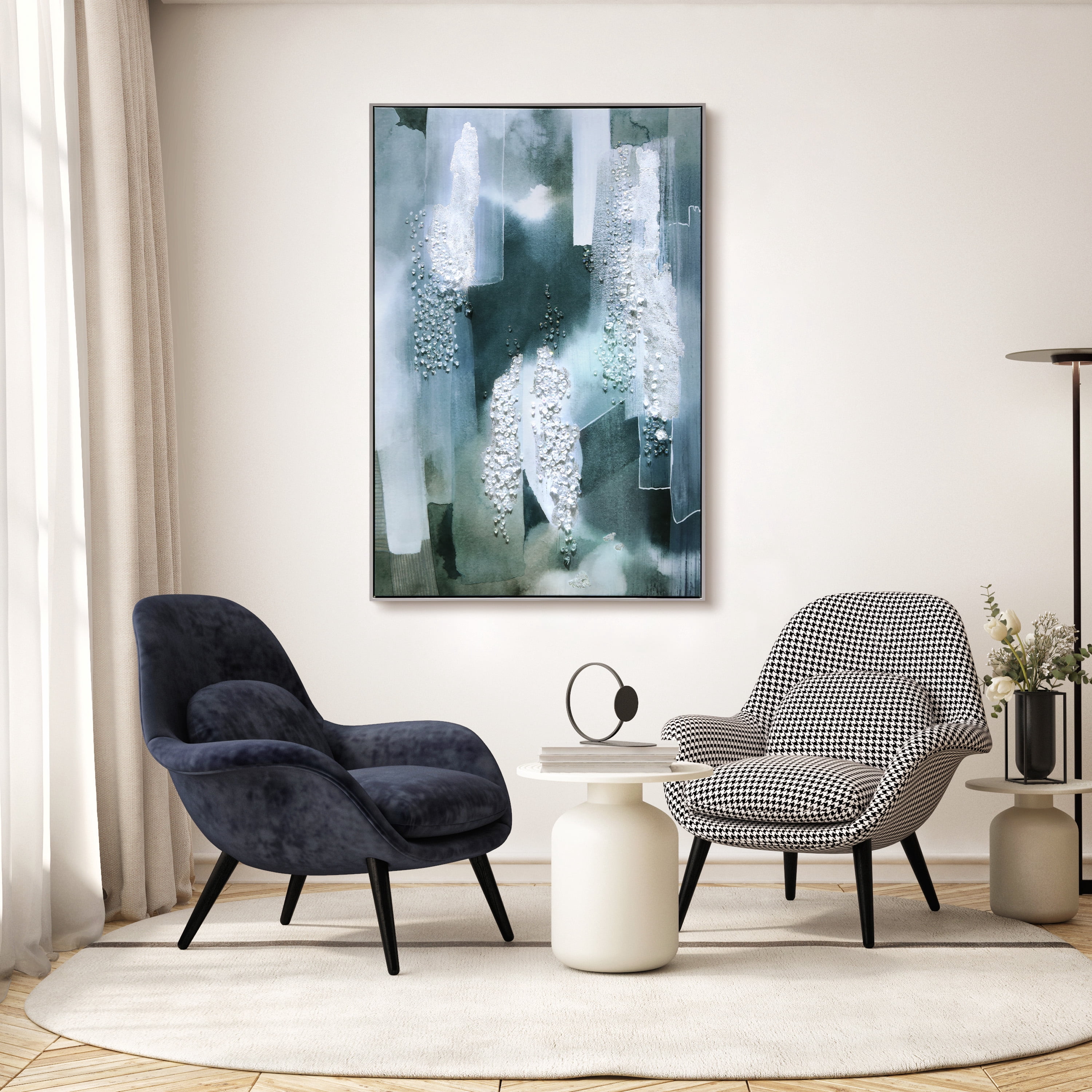 "Silver Mist I & II" Crystallus Epoxy Coated Wrapped Framed Glossy Canvas Wall Art with Heavy Acrylic Crystal Shards Embellishments, Silver Foil Accents