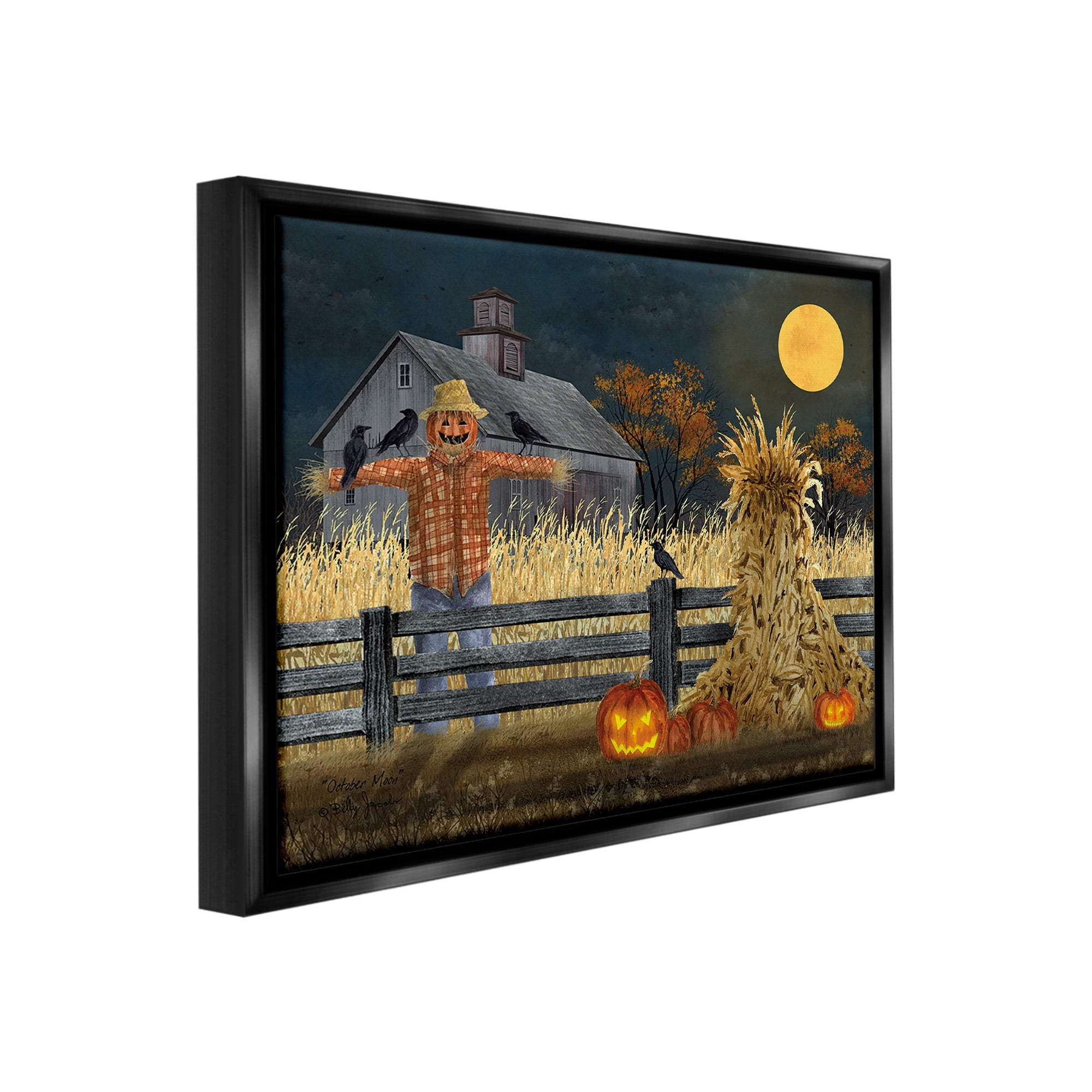 Stupell Industries Scarecrow Farm Landscape Holiday Painting Black Floater Framed Canvas Art Print Wall Art, 21 x 17