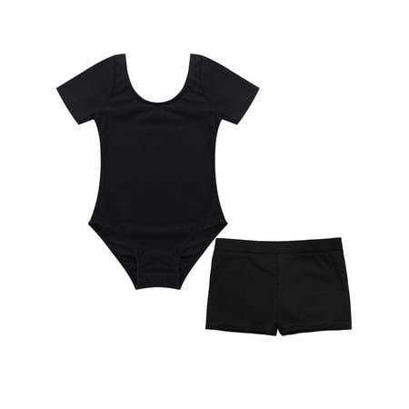 JanJean Kids Girls Basic Gymnastics Leotard and Shorts Set Cotton Short Sleeves Ballet Dance Leotard Black 12