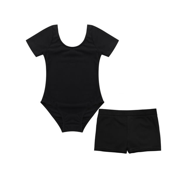dPois Ensemble 2 Pcs pour Filles Enfants Justaucorps de Gymnastique avec Shorts Manches Courtes Col Rond Justaucorps Tenue d'Entraînement de Danse Noir 4