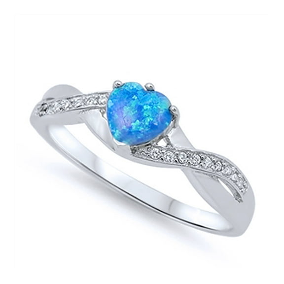 Men Women Sterling Silver Blue Simulated Opal Heart Promise Ring 6MM ( Size 4 to 12 )