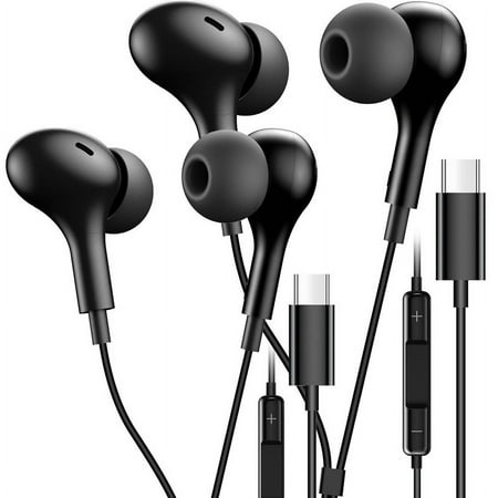 2 Pack Afflux Type C Wired Headphones USB-C Earbuds Earphones Compatible with iPhone 16 Pro Max / 16 Pro / 16 Plus / for Samsung Galaxy S24/S23/S22/S21 Ultra, Google Pixel 8/7/6/6a, Black