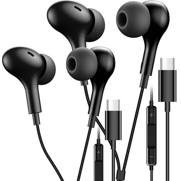 2 Pack TTech Type C Wired Headphones USB-C Earbuds Earphones Compatible with iPhone 16 Pro Max / 16 Pro / 16 Plus / for Samsung Galaxy S24/S23/S22/S21 Ultra, Google Pixel 8/7/6/6a, Black