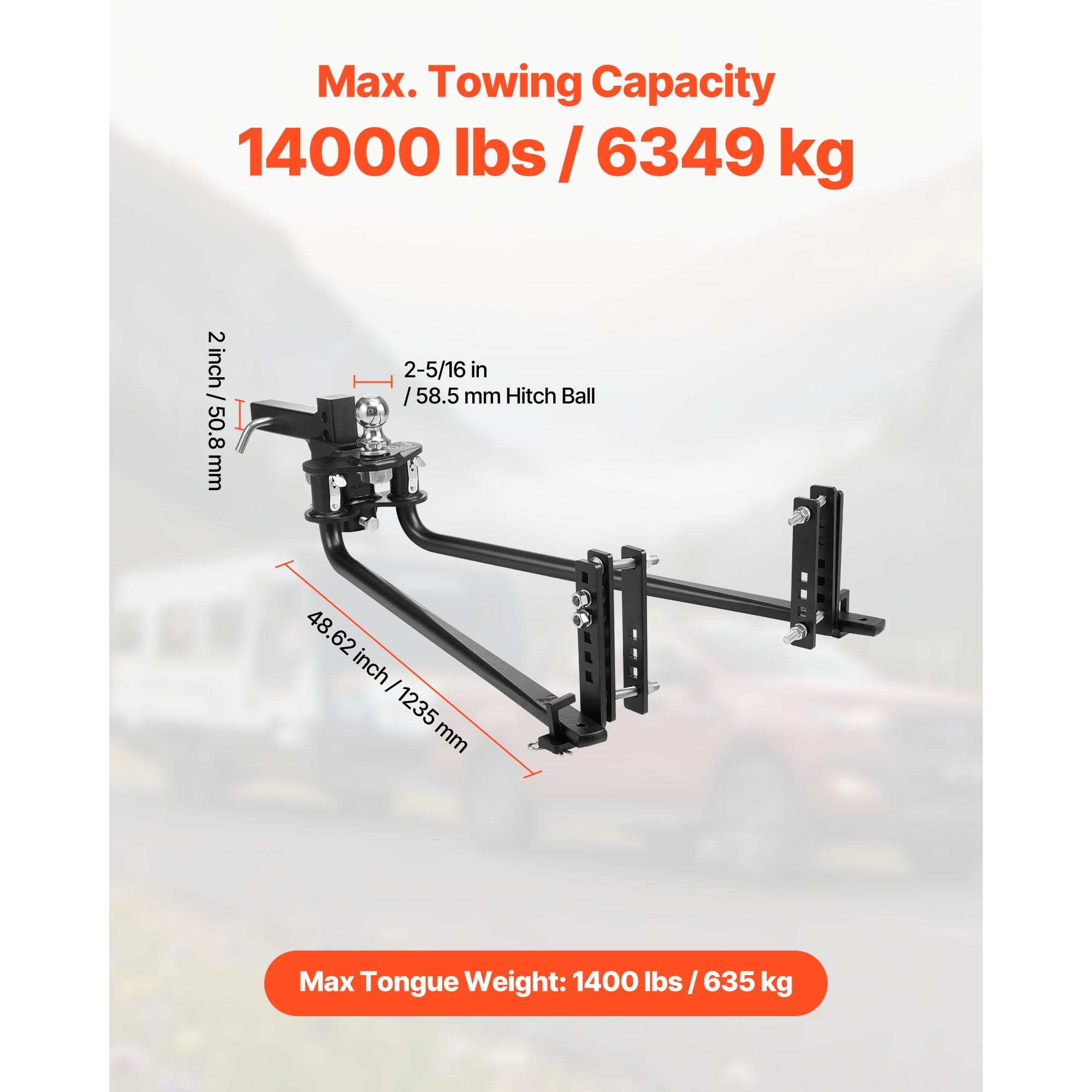 KFFKFF Weight Distribution Hitch, 14000 lbs Towing Capacity & 1400 lbs Tongue Load, Kit with Sway Control, 2 in Shank & 2-5/16 in Ball, Trailer Load Leveling Solution