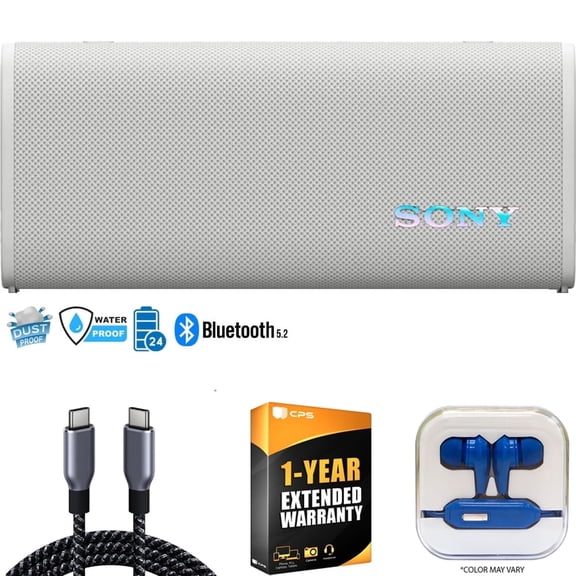 Sony SRSULT30/W ULT Field 3 Wireless Portable Bluetooth Speaker, Off-White Bundle with 1 YR CPS Extended Warranty, Mizco Travelocity In-Ear Headphone & Deco Essentials Braided USB-C to USB-C Cable