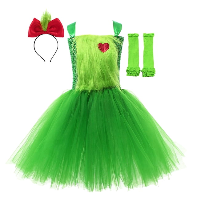 MIASHUI Ensemble de Robe de Performance de Noël pour Tout-Petites Filles, Tutu Festif en Maille pour Fête avec Couvre-Chef et Jambières Vert, 10-12 Ans