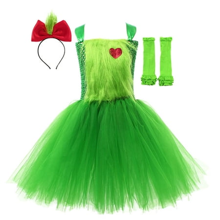 

LIhncine Girls Dress Toddler Christmas Custome Girls Dress Green Tutu Mesh Dress With Headwear Leg Warmer 3pcs Sets Performance Party (Green 4-5 Years)