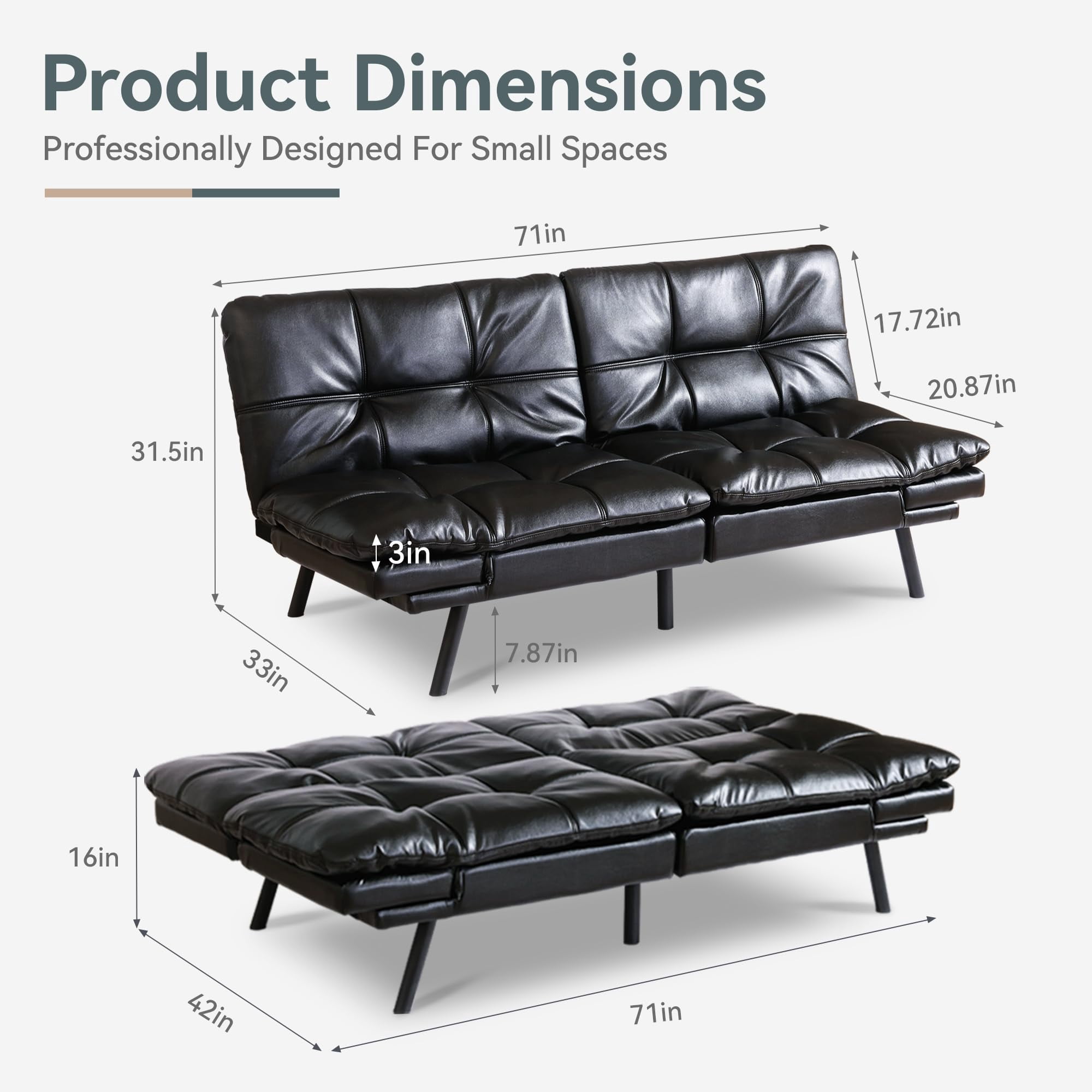 71" Sofa Bed Convertible Couch, Black Faux Leather Sofa Bed with Memory Foam, Adjustable Backrest & Armrests, Multifunctional Small Loveseat Sleeper Sofa for Living Room, Apartment, Office