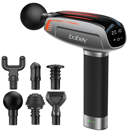 BoBay Portable Deep Tissue Massage Gun for Muscle and Back Massages Relaxation, Quiet Handheld 20-Speed Fascia Gun Percussion Massager with 6 Heads for Neck Back Shoulder Body, LCD Touch Screen