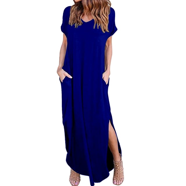 adviicd Robes d'Été pour Femmes 2024 Imprimé Floral Cache-Cœur Col en V Manches Courtes Fendue Robe Maxi de Plage Fête Bleue,TTTG