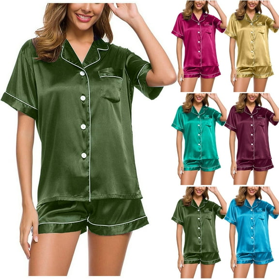 Your-Sty Women's Satin Pajama Set 2-Piece Sleepwear Loungewear Button Down Short Sleeve Silky PJ Set