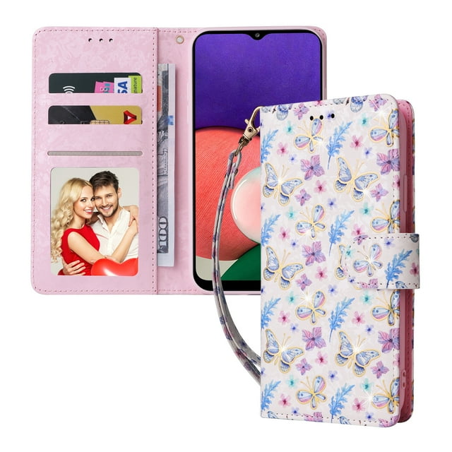 Compatible avec Samsung Galaxy A22 5G Cas Rétro Fleur Dorée PU Cuir RFID Blocage Portefeuille Couverture