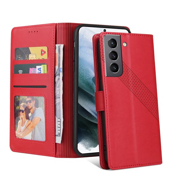 Wallet Case For Samsung Galaxy S21 FE,Drop Protection Magnetic Closure Flip Leather Card Slots Cash Pocket Wallet Kickstand Phone Case Cover For Samsung Galaxy S21 FE,Red