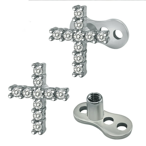 2Pcs 14G Cross Dermal Anchor Tops and Base Surgical Steel Cubic Zirconia Internally Threaded Microdermals Body Piercings Studs for Women Men
