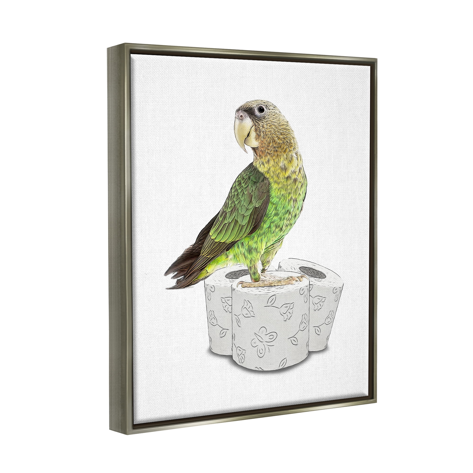 Stupell Industries Parrot Perched Toilet Paper Rolls Animals & Insects Painting Gray Floater Framed Art Print Wall Art