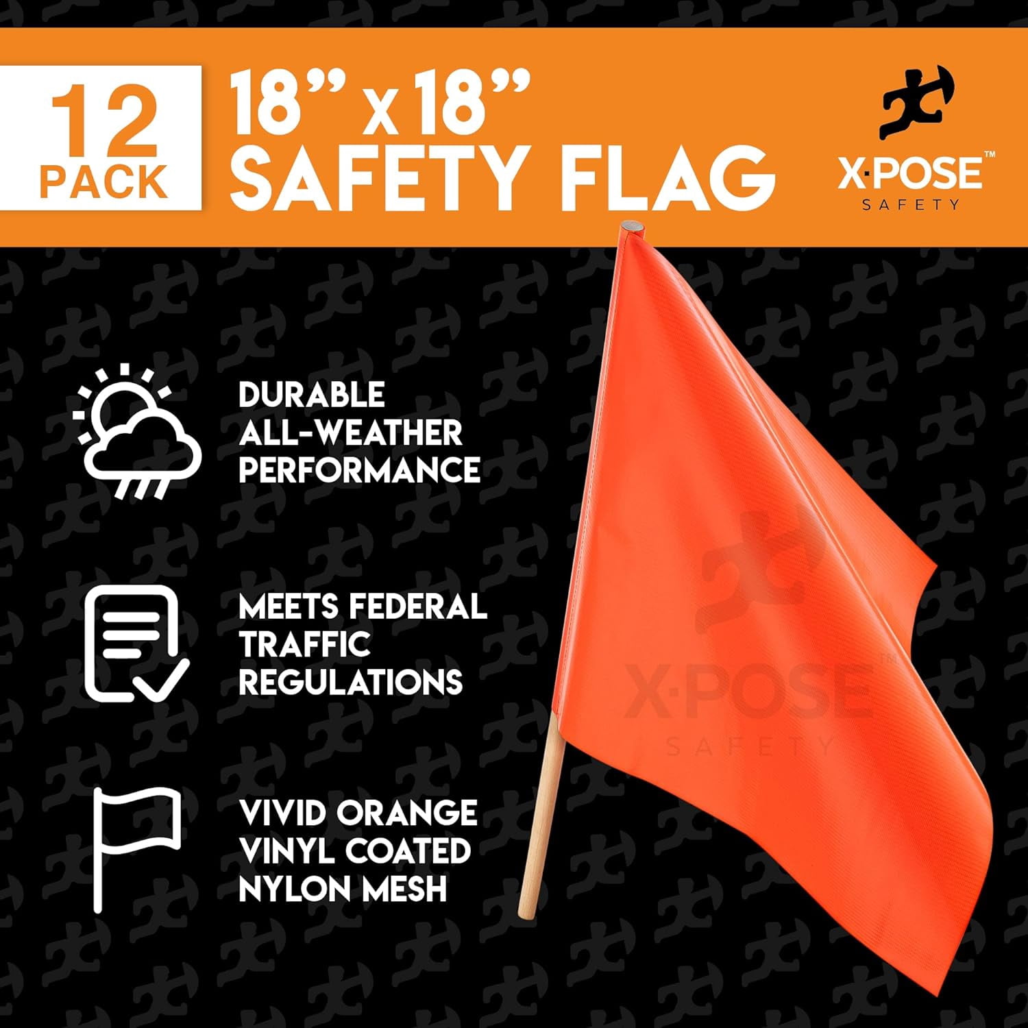 Orange Safety Flags - 18" x 18" Orange Warning Flag with 24" Wood Staff - Pack of 12 - Square Safety Flag - Oversize Signs and Flags - Wide Load Flags - Caution Flags for Roof - Oversized Load Flag -