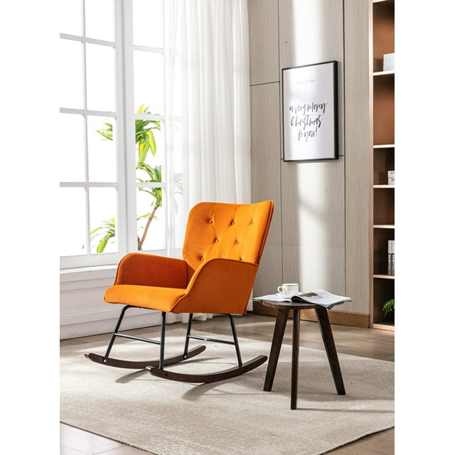 Rocking Chair, Modern Velvet Tufted Upholstered Rocking Chair with Metal Frame Nursery Glider Armchair with Solid Wood Legs Leisure Reading Rocker Chair Single Sofa for Living Room Bedroom, Orange