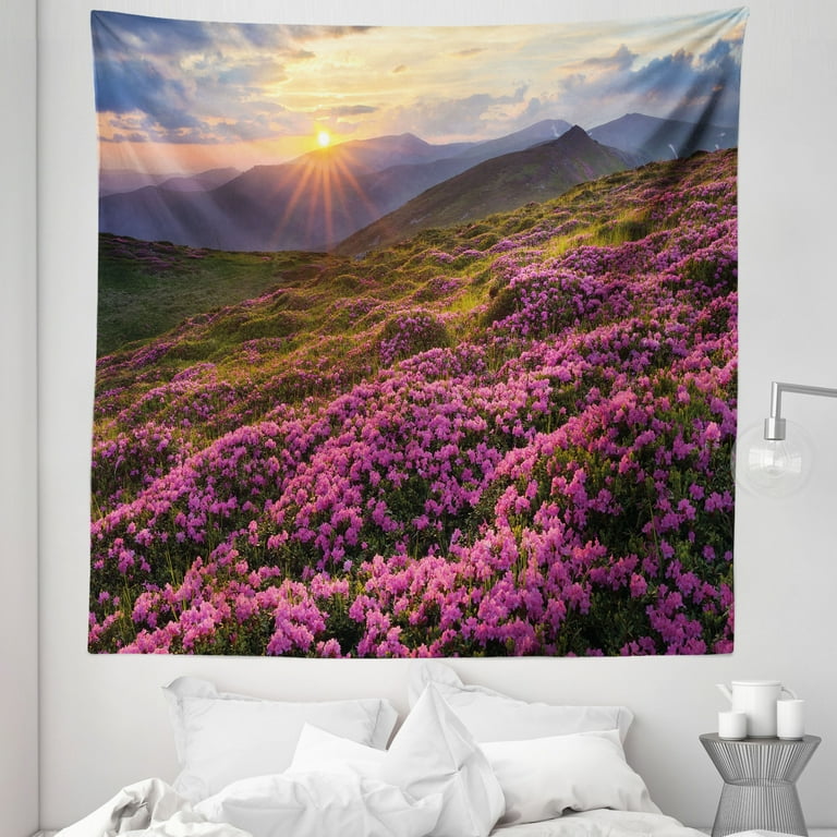 Nature Tapestry Flower Meadow on Mountain Valley with Horizon Sky Surreal Mother Earth Beauty Image Fabric Wall Hanging Decor for Bedroom Living