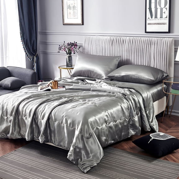 ARLAJO Silk Satin Comforter Queen Size,Solid Color Reversible Summer Cooling Blanket,Double Sided Cold Effect,Breathable Lightweight Feather Down Quilted Bedding Machine Washable for All Season