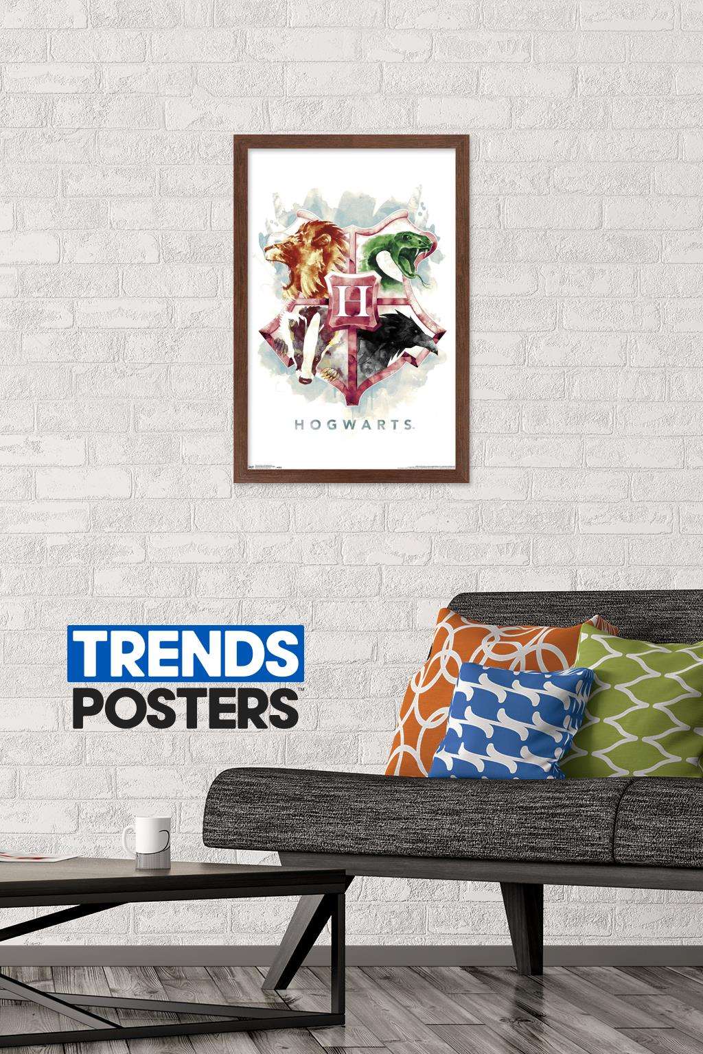 The Wizarding World: Harry Potter - Hogwarts Illustrated House Crests Wall Poster, 14.725" x 22.375", Framed