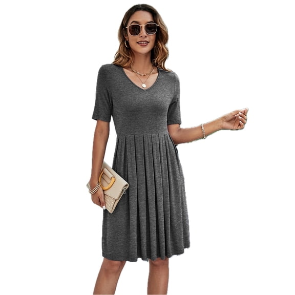 Women's Pleated V Neck Short Sleeve Tee Dress 95% Rayon 5% Spandex Comfortable Knee Length Casual Everyday Soft Feel