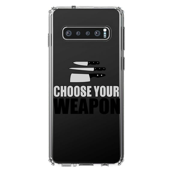 DistinctInk Clear Shockproof Hybrid Case for Samsung Galaxy S10 (6.1" Screen) - TPU Bumper Acrylic Back Tempered Glass Screen Protector - Choose Your Weapon - Chef Knives