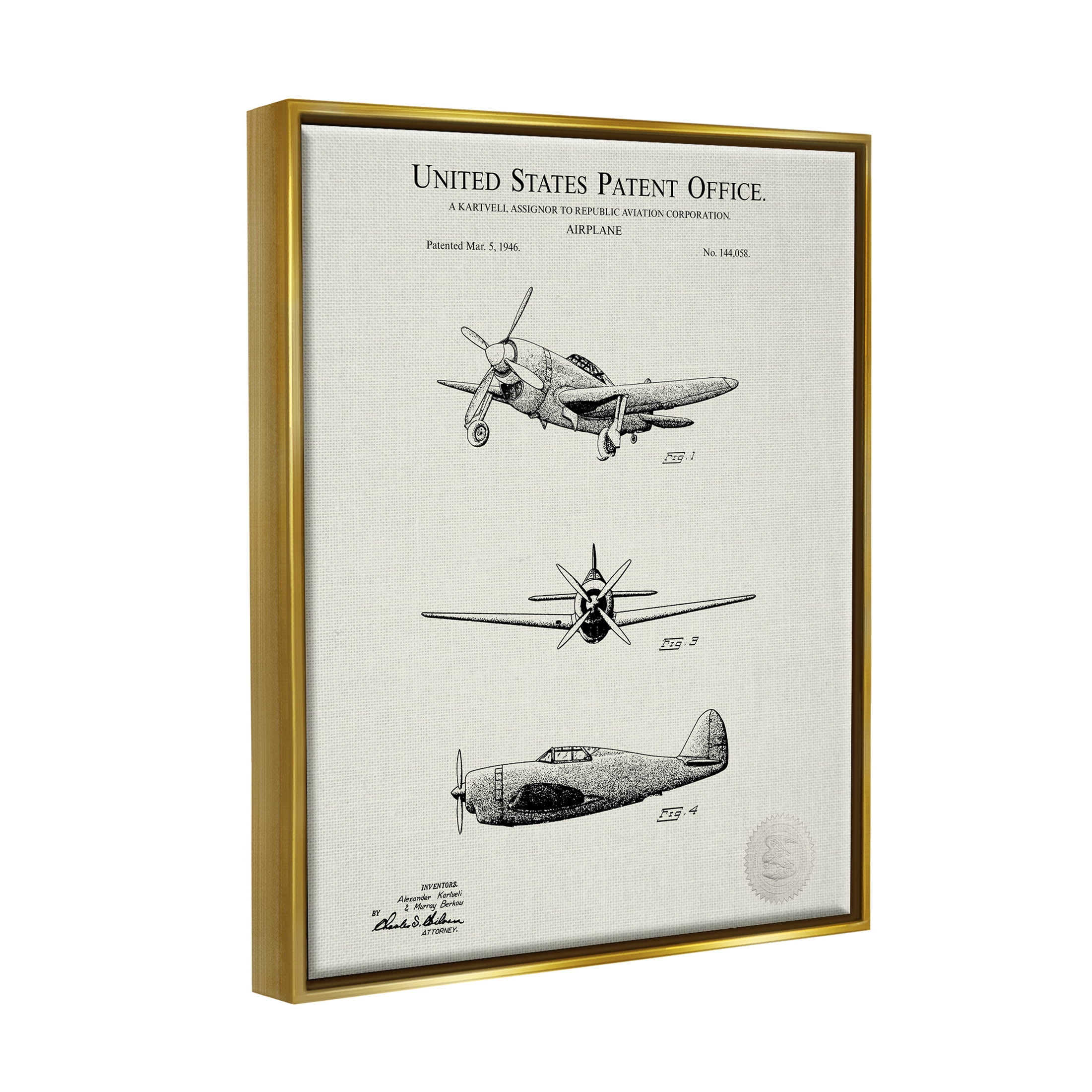 Stupell Industries US Patent Airplane Diagram Graphic Art Metallic Gold Floating Framed Canvas Print Wall Art, Design by Karl Hronek
