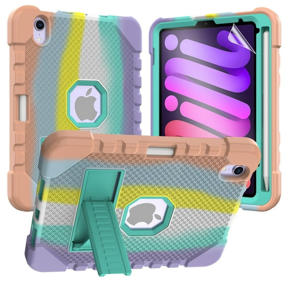 Dteck iPad Mini 6 Case with Screen Protector, iPad Mini 6th Generation Case for Kids, Heavy Duty Shockproof Rugged Cover with Pencil Holder Kickstand for iPad Mini 6th Gen 8.3 inch 2021, Rainbow A