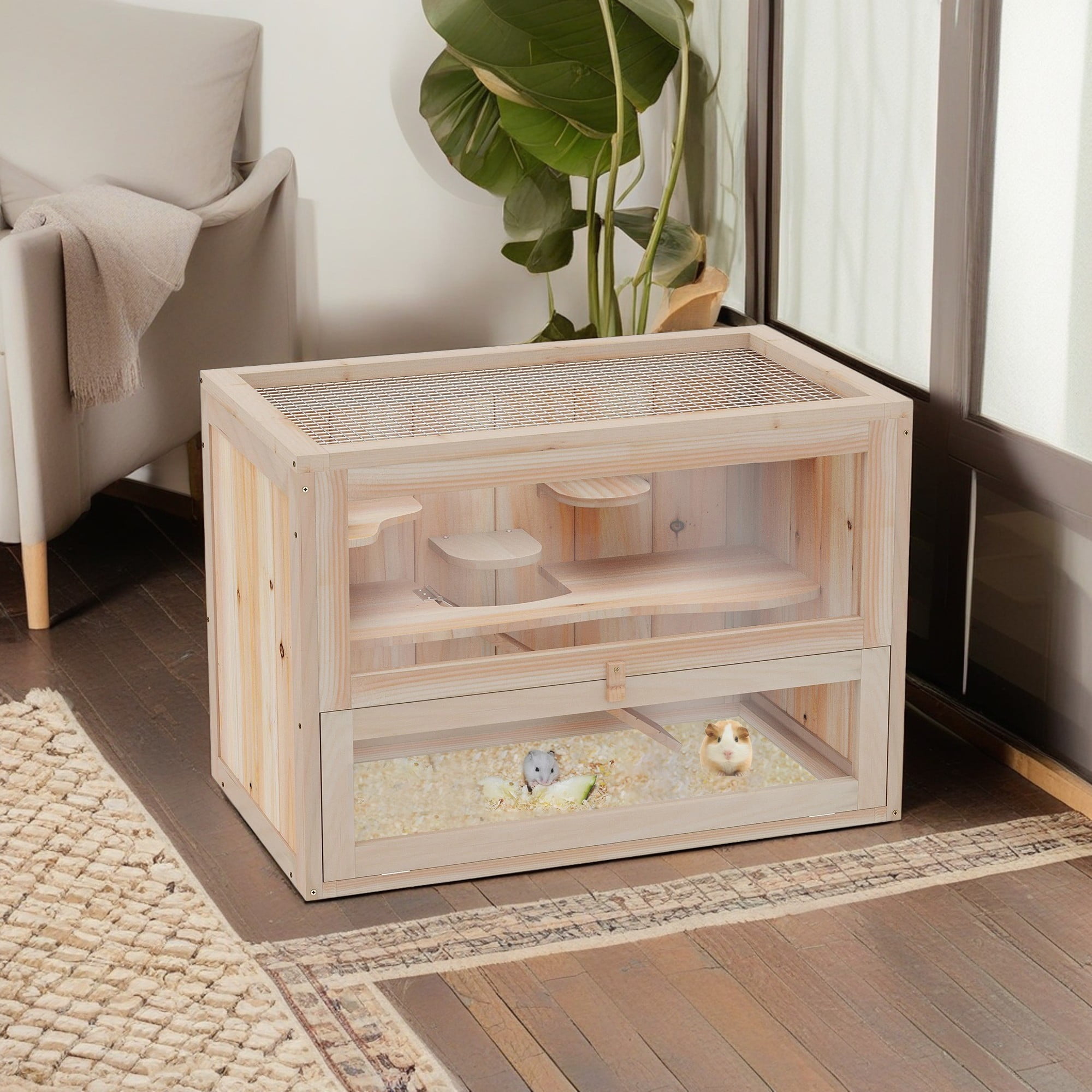 Pefilos 23" Guinea Pig Cage 2-Level Hamster Pet Cages for Small Animals Hutch House (Decoration in cages not included), Beige