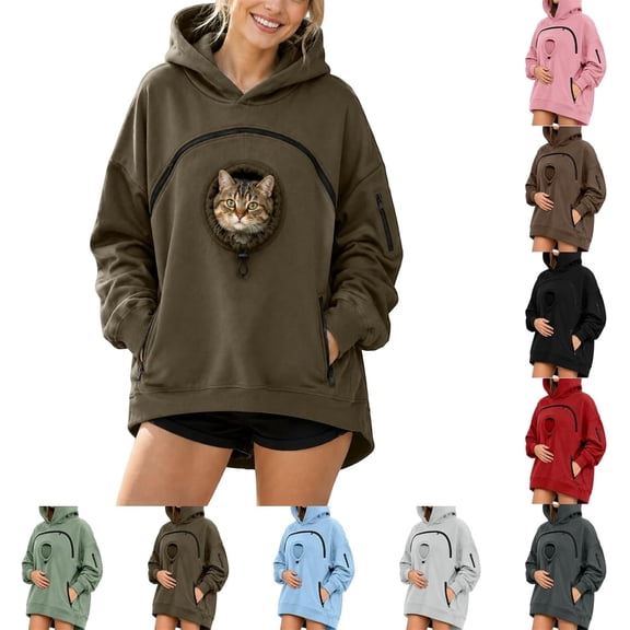 Hoodie with Pouch for Dogs, Pet Carrier Hoodie for Women, Cozy Hands-Free Pet Lover Hoodie, Kangaroo Sweatshirt with Dog Pouch Side Zip Pocket Drop Shoulder Sweatshirt Big Size Front Dog & Cat