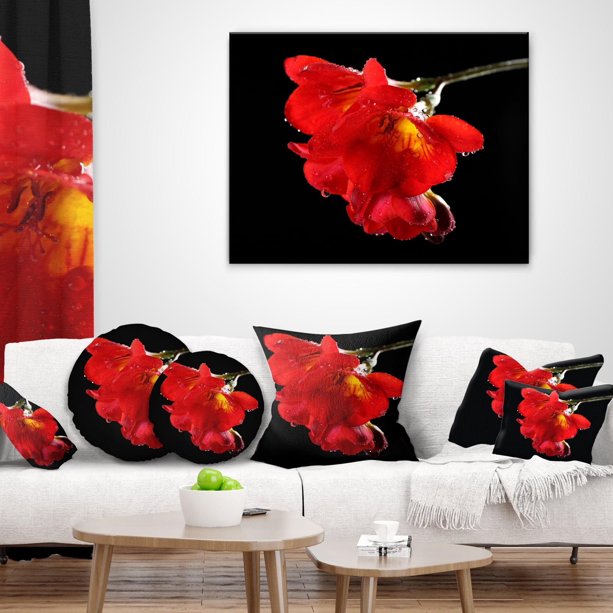 Designart Freesia Flower on Black Background - Floral Throw Pillow - 18x18