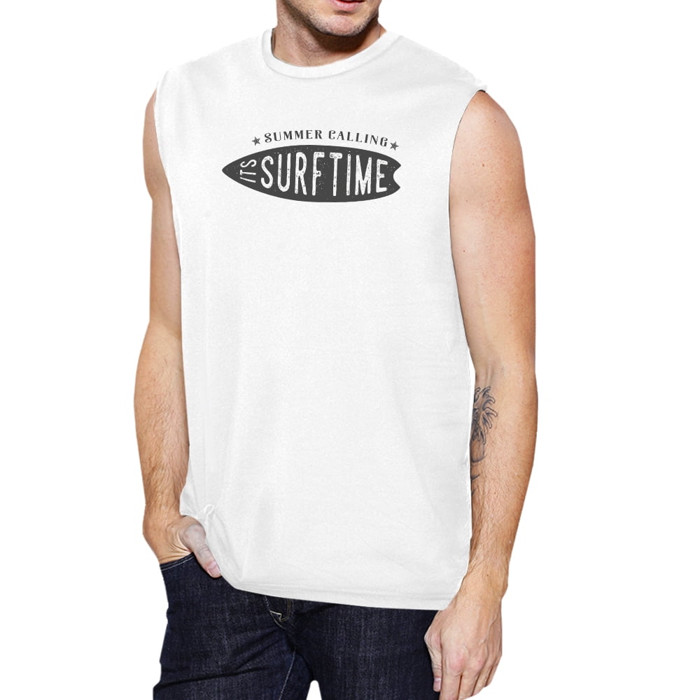 Summer Calling It's Surf Time Mens White Graphic Muscle Tank Top