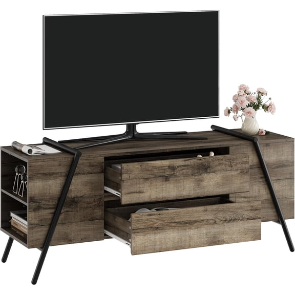 TV Stand for 65 60 55 50 Inch TV, 55" Mid Century Modern Entertainment Center with 2 Storage Drawers & Side Open Shelves, Media Console Table for Living Room, Bedroom, Oak