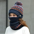 thumbnail image 4 of HESHENG Winter Knitted Beanie Hat Women Face Cover Scarf 3 in 1 Thick Warm Knit Cap with Pompom Cap Set, Navy Blue, 4 of 4