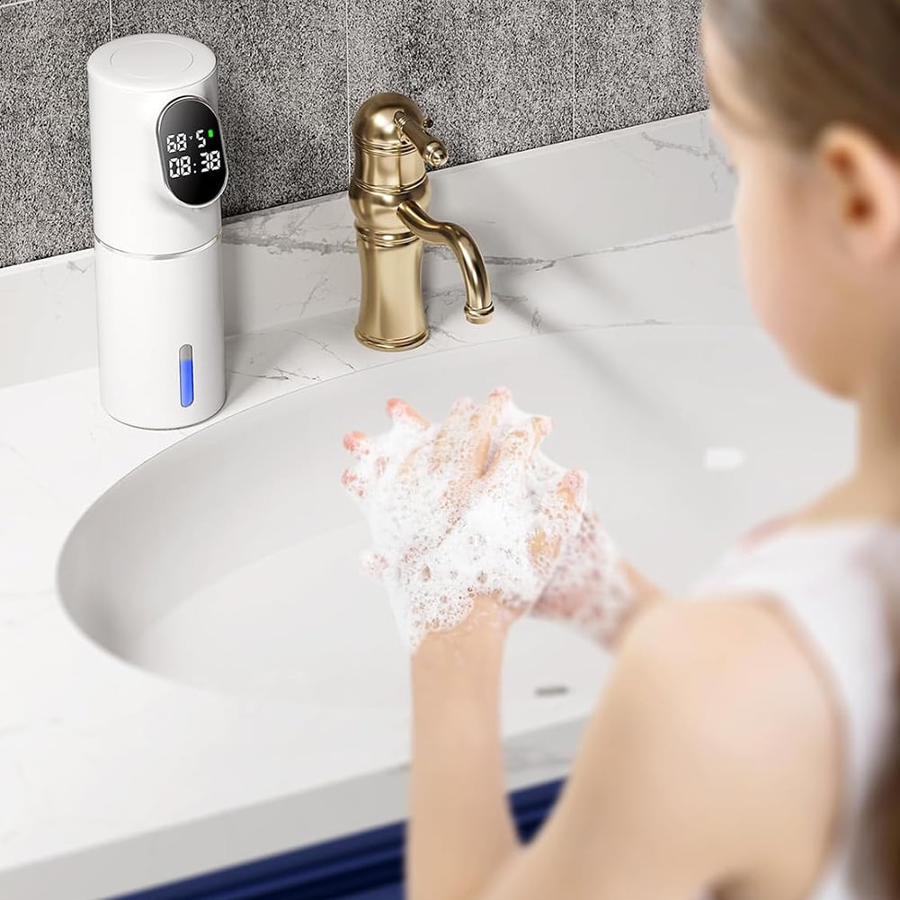 Automatic Soap Dispenser 5-Level Adjustment IPX6 Water- Foam Soap Dispenser LED Time and Temperature Display ABS White